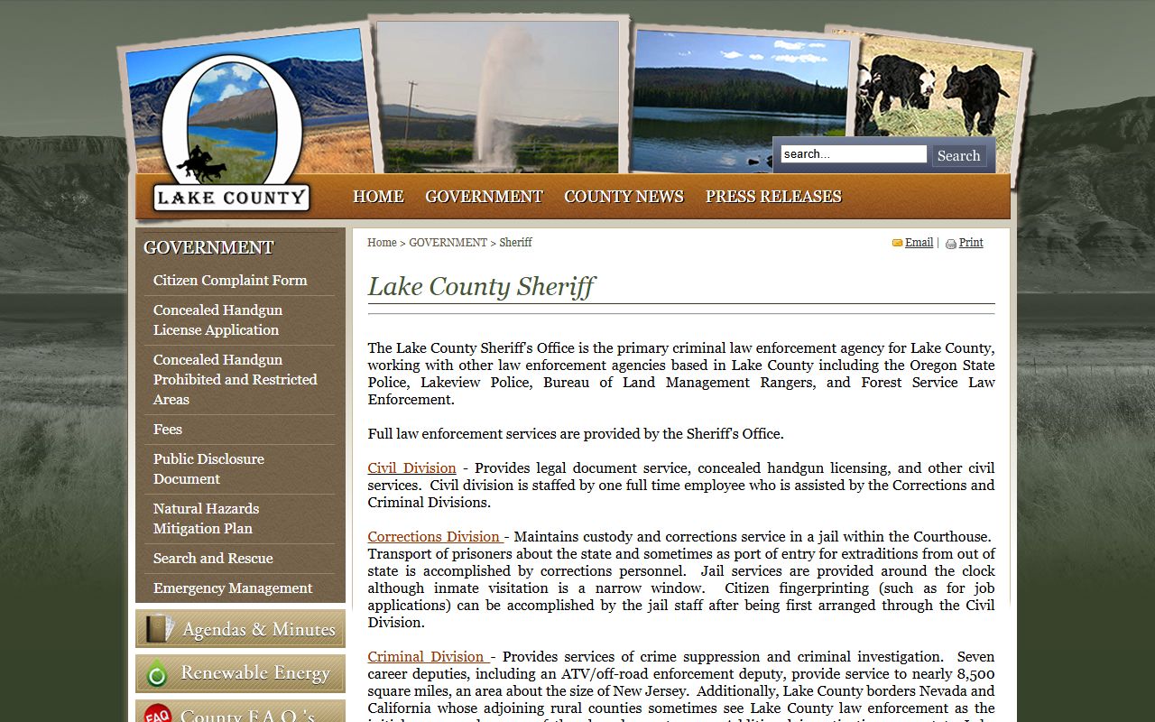 Lake County Jail inmate search contact route on the sheriff page