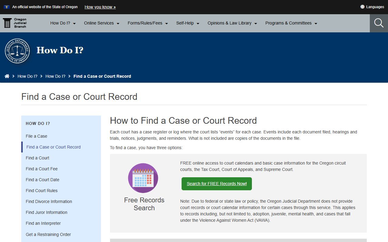 Oregon Judicial Department case record search options page