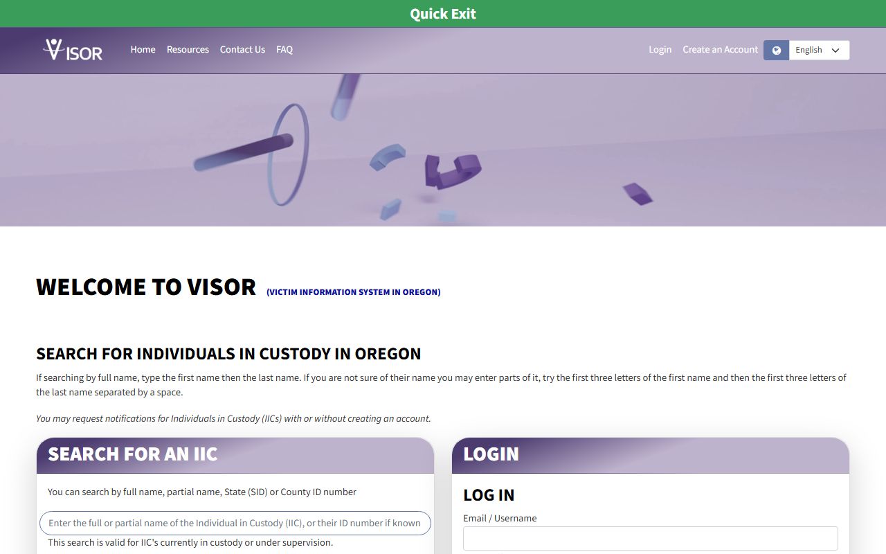 VISOR search for Warner Creek Correctional Facility inmate custody notifications